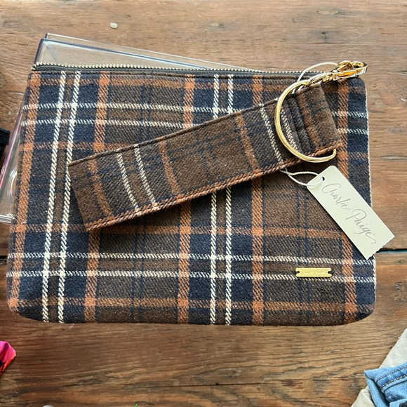 NWT CHARLIE PAGE plaid wool wristlet.  Brown, navy blue. - Picture 1 of 7